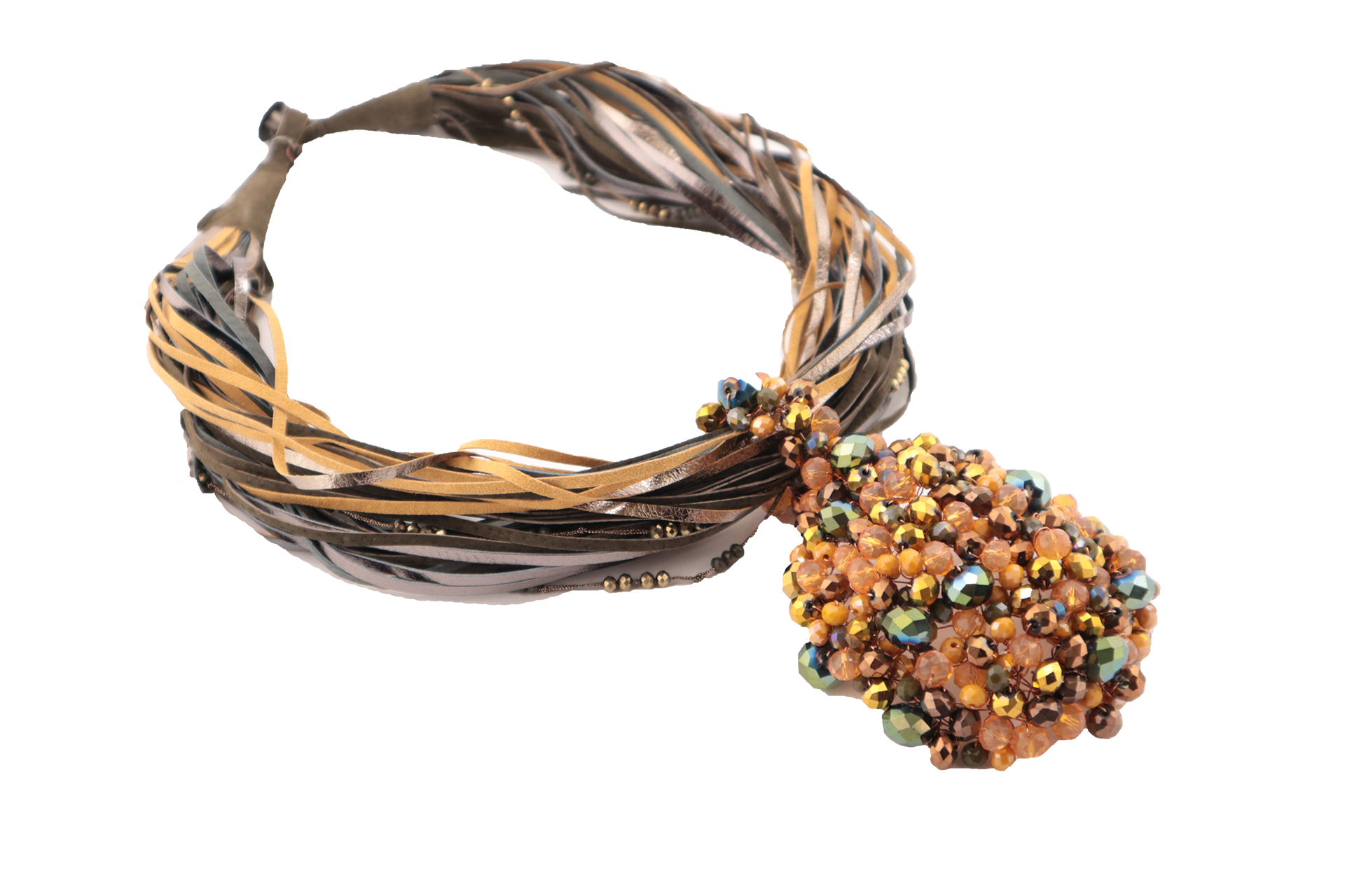 Collana torchon con fasce di ecopelle sottili e perle bronzo