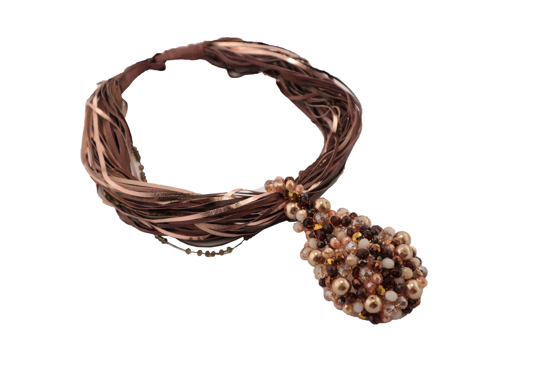 Collana torchon con fasce di ecopelle sottili e perle